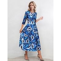Women's Casual Dress Skater Dress Floral Print Crew Neck Midi Dress Streetwear A Line Holiday Date 34 Length Sleeve Slim Blue Fuchsia Summer Spring S M L XL XXL Lightinthebox - thumbnail