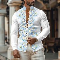 Floral Comfortable Resort Men's Shirt Daily Wear Going out Weekend Spring Summer Standing Collar Long Sleeve Orange, Light Blue S, M, L Slub Fabric Shirt Lightinthebox