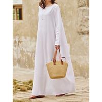 55% Linen Women's White Linen Dress Plain Breathable Crew Neck Pocket Comfortable Maxi Dress Long Sleeve Loose Summer Spring