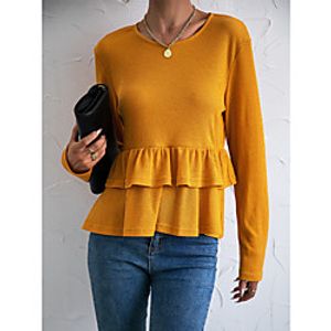 Women's Blouse Peplum Shirt Plain Long Sleeve Layered Ruffle Round Neck Casual Streetwear Tops Orange miniinthebox