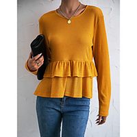 Women's Blouse Peplum Shirt Plain Long Sleeve Layered Ruffle Round Neck Casual Streetwear Tops Orange miniinthebox - thumbnail