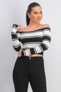 Womens Stripe Off Shoulder Top  Black/White