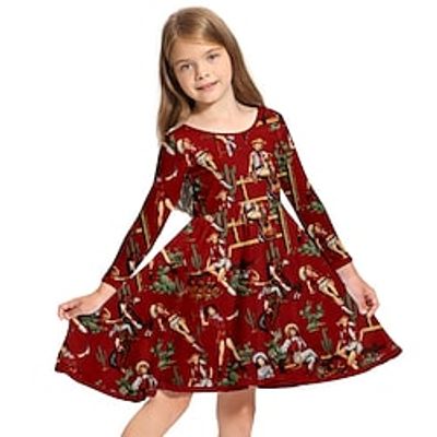 Kids Little Girls' Dress Graphic A Line Dress Daily Holiday Vacation Print Red Above Knee Long Sleeve Casual Cute Sweet Dresses Fall Winter Regular Fit 3-10 Years miniinthebox