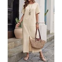 Women's Casual Dress Cotton Linen Dress Midi Dress Linen Cotton Blend Basic Modern Daily Weekend Crew Neck Split Short Sleeve Summer Spring 2023 Loose Fit ArmyGreen Red Navy Blue Plain S M L XL 2XL Lightinthebox