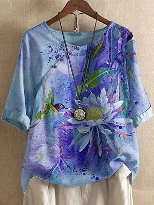 Round Neck Casual Loose Lotus Print Short-sleeved Blouse