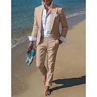 Men's Linen Suits Beach Wedding Solid Colored 2 Piece Fashion Casual Tailored Fit Single Breasted One-button Pink Sky Blue Dark Blue 2023 miniinthebox