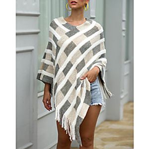 Women's Tassel Knitted Plaid Pullover Long Sleeve Sweater Cardigans V Neck Fall Winter Black Blue Red miniinthebox