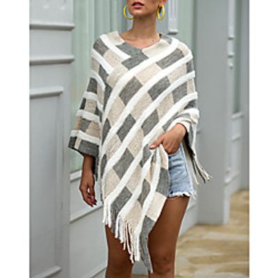 Women's Tassel Knitted Plaid Pullover Long Sleeve Sweater Cardigans V Neck Fall Winter Black Blue Red miniinthebox