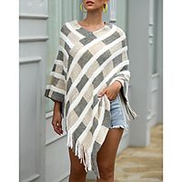 Women's Tassel Knitted Plaid Pullover Long Sleeve Sweater Cardigans V Neck Fall Winter Black Blue Red miniinthebox - thumbnail