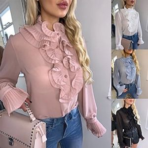 Women's Shirt Blouse Black White Pink Plain Ruffle Button Long Sleeve Casual Daily Basic Round Neck Regular S Lightinthebox