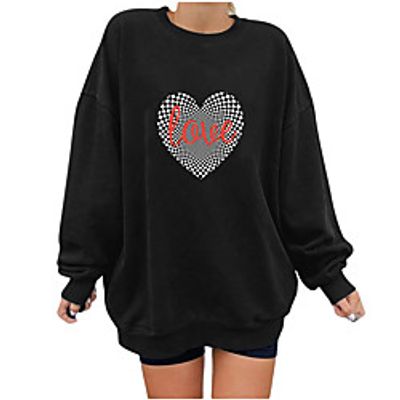 Women's Sweatshirt Pullover Check Heart Text Print Crew Neck Casual Valentine's Day Weekend Hot Stamping Active Streetwear Hoodies Sweatshirts  Loose Black Orange Dark Gray Lightinthebox