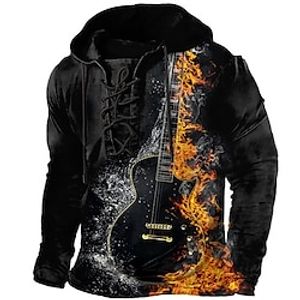 Men's Pullover Hoodie Sweatshirt Pullover Black Hooded Graphic Prints Flame Guitar Lace up Print Casual Daily Sports 3D Print Basic Streetwear Designer Spring   Fall Clothing Apparel Hoodies miniinthebox