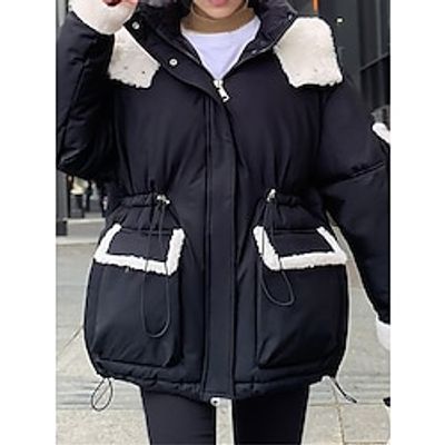Women's Parka Sherpa Puffer Jacket Winter Coat Thicken Fleece Jacket Windproof Warm Hooded Heated Coat Fall Drawstring Coat with Pocket Zipper Outerwear Long Sleeve Fall Black Blue Lightinthebox