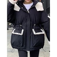Women's Parka Sherpa Puffer Jacket Winter Coat Thicken Fleece Jacket Windproof Warm Hooded Heated Coat Fall Drawstring Coat with Pocket Zipper Outerwear Long Sleeve Fall Black Blue Lightinthebox - thumbnail