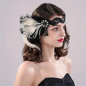 1920s Flapper Faux Feather Headband With Stretchy Lace Band Crystal Beaded Tassel Faux Feather Headpiece Fascinator For Women Lightinthebox