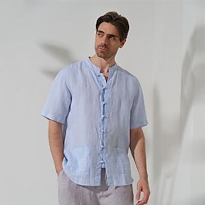 100% Linen Men's Shirt Linen Shirt Black White Blue Short Sleeve Plain Collar Summer Outdoor Daily Clothing Apparel Lightinthebox