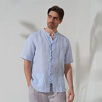 100% Linen Men's Shirt Linen Shirt Black White Blue Short Sleeve Plain Collar Summer Outdoor Daily Clothing Apparel Lightinthebox - thumbnail