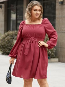 YOINS Plus Size Square Neck Elastic Strap Belt Design Long Sleeves Mini Dress