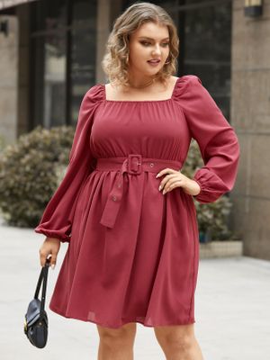 YOINS Plus Size Square Neck Elastic Strap Belt Design Long Sleeves Mini Dress