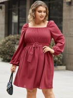 YOINS Plus Size Square Neck Elastic Strap Belt Design Long Sleeves Mini Dress - thumbnail