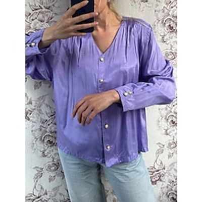 Women's Shirt Blouse Satin Plain Purple Button Long Sleeve Casual Fashion Modern V Neck Regular Fit Spring Lightinthebox