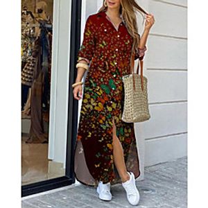 Women's Shirt Dress Maxi long Dress Red Long Sleeve Butterfly Animal Print Spring Summer Shirt Collar Casual 2021 S M L XL XXL 3XL Lightinthebox