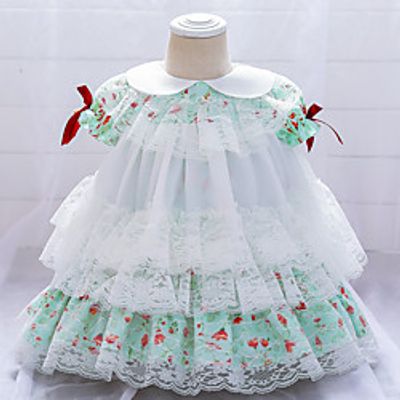 Baby Girls' Active Streetwear Flower Layered Mesh Bow Short Sleeve Above Knee Tulle Dress White Blue Blushing Pink miniinthebox
