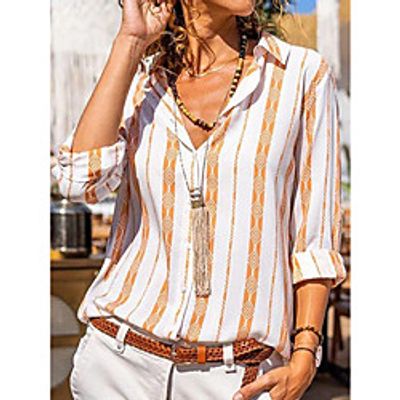 Women's Geometric Blouse Shirt Striped Geometric Button Print Shirt Collar Ethnic Streetwear Tops Orange  3D Print Lightinthebox
