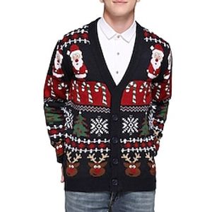 Santa Claus Elk Snowflake Casual Men's Knitting Print Ugly Christmas Sweater Cardigan Sweater Knitwear Outdoor Daily Vacation Christmas Long Sleeve V Neck Sweaters Black Red Burgundy Fall Winter S M L Lightinthebox