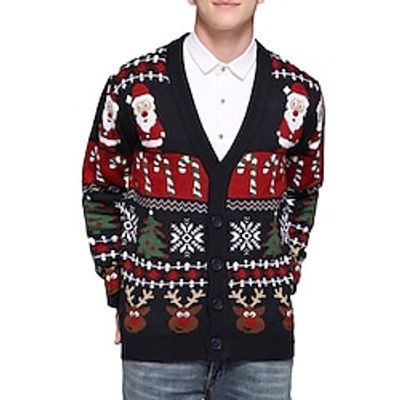 Santa Claus Elk Snowflake Casual Men's Knitting Print Ugly Christmas Sweater Cardigan Sweater Knitwear Outdoor Daily Vacation Christmas Long Sleeve V Neck Sweaters Black Red Burgundy Fall Winter S M L Lightinthebox
