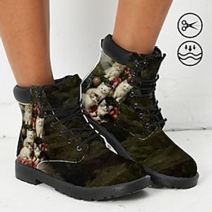 Women's Boots Print Shoes Combat Boots Animal Print Outdoor Daily Cat 3D Booties Ankle Boots Flat Heel Fashion Casual Faux Leather Black miniinthebox