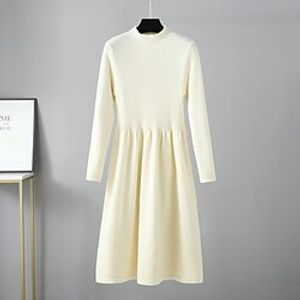 Women's Sweater Dress Winter Dress Sheath Dress Khaki Beige Black Long Sleeve Pure Color Ruched Patchwork Winter Fall Stand Collar Turtleneck Casual Fit 2022 One-Size Winter Dress Lightinthebox