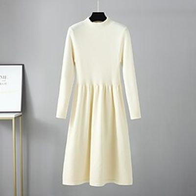 Women's Sweater Dress Winter Dress Sheath Dress Khaki Beige Black Long Sleeve Pure Color Ruched Patchwork Winter Fall Stand Collar Turtleneck Casual Fit 2022 One-Size Winter Dress Lightinthebox
