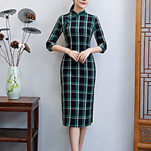 Women's Bodycon Midi Dress Green 3/4 Length Sleeve Plaid Split Button Print Spring Summer Mandarin Collar Elegant Vintage Traditional 2022 L XL XXL 3XL 4XL miniinthebox