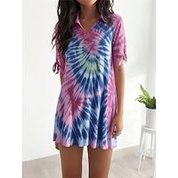 Women's Tie Dye Nightgown Lapel Nightshirt Dress Fashion Casual Home Daily Bed Polyester Breathable   Half Sleeve Summer Spring Purple Lightinthebox - thumbnail