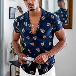 Men's Shirt Leaves Button-Down Print Short Sleeve Street Tops Casual Fashion Breathable Comfortable Blue miniinthebox