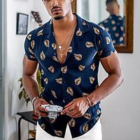 Men's Shirt Leaves Button-Down Print Short Sleeve Street Tops Casual Fashion Breathable Comfortable Blue miniinthebox - thumbnail