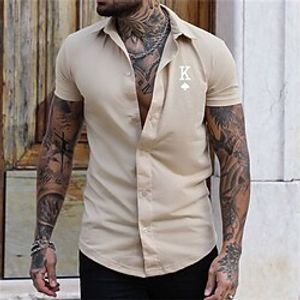 Men's Shirt Letter Turndown Street Casual Button-Down Short Sleeve Tops Casual Fashion Comfortable Khaki Lightinthebox