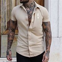 Men's Shirt Letter Turndown Street Casual Button-Down Short Sleeve Tops Casual Fashion Comfortable Khaki Lightinthebox - thumbnail