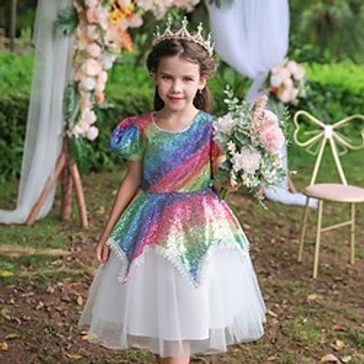 Kids Girls' Dress Sequin Party Dress Midi Dress Wedding Sequins Crew Neck Short Sleeve Elegant Dress 3-10 Years Summer Multicolor Champagne Red Lightinthebox