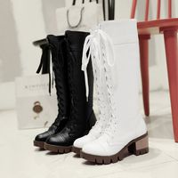 Big Size Pure Color Lace Up Knee High Chunky Heel Boots