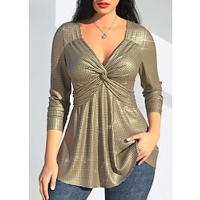 Women's T shirt Tee Plaid Sparkly Gold Flowing tunic Print Long Sleeve Party Daily Weekend Fashion V Neck Regular Fit Spring   Fall Lightinthebox