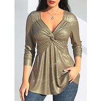 Women's T shirt Tee Plaid Sparkly Gold Flowing tunic Print Long Sleeve Party Daily Weekend Fashion V Neck Regular Fit Spring   Fall Lightinthebox - thumbnail