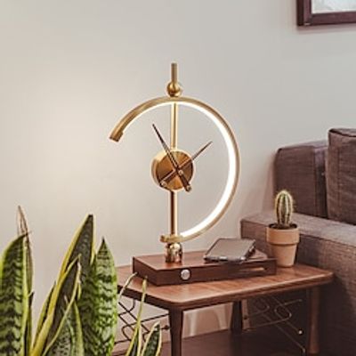 Golden Time' Smart Clock Table Lamp Wireless Charger with USB Port for Home Office and Hotel Golden Analog Clock with Wooden Hands Dimming LED Light Phone Stand and Charger Lightinthebox