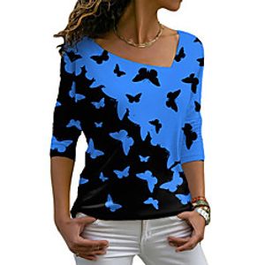 Women's Butterfly Painting T shirt Graphic Butterfly Long Sleeve Print V Neck Basic Tops Blue Purple Blushing Pink miniinthebox