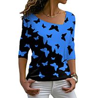 Women's Butterfly Painting T shirt Graphic Butterfly Long Sleeve Print V Neck Basic Tops Blue Purple Blushing Pink miniinthebox - thumbnail