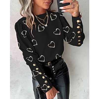 Women's Blouse Heart Casual Raglan Sleeves Black White Pink Print Button Long Sleeve Elegant Round Neck Form Fit Spring  Summer Lightinthebox