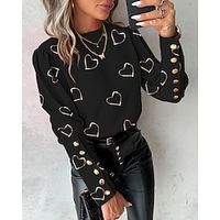 Women's Blouse Heart Casual Raglan Sleeves Black White Pink Print Button Long Sleeve Elegant Round Neck Form Fit Spring  Summer Lightinthebox - thumbnail