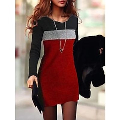 Women's Sheath Dress Short Mini Dress Long Sleeve Print Patchwork Fall Winter Elegant 2021 Black Red S M L XL XXL miniinthebox