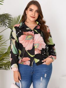 Plus Size Black Random Floral Print Front Button Blouse
